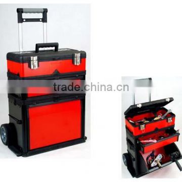 Plastic Metal Handle Tool box trolley with wheels and handles divided into three storage boxes