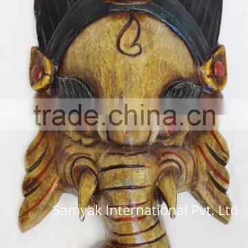 Hand Crafted Wooden Mask of Hindu Lord Ganesh Wall Hanging Made In Nepal