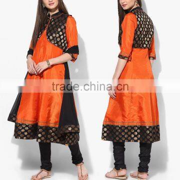 Orange Printed Viscose Churidar Kameez Dupatta With Jacket Designs Designer Long Kurtis Pakistani For Stitching HSd5017