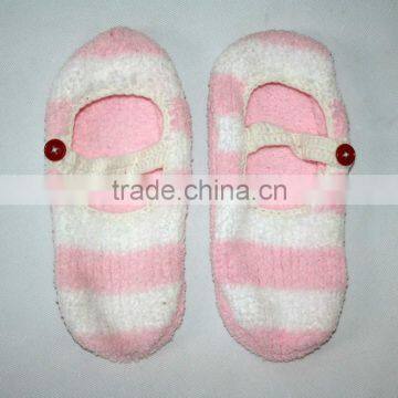 Polyester pink white striped fuzzy buttons no slip socks