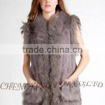 CX-G-B-203 Long Genuine Ladies Rabbit Fur Vest With Racoon Fur Trim ~ Casual Wear photo-3