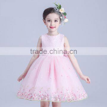 sleeveless flowers girl wedding elegant satin o-neck kids dress waist bow flower dresses