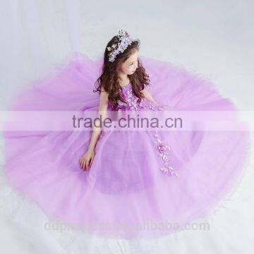 New Arrival Violet Ball Gown Tulle Girls Long Wedding Dress Sleeveless Embroidery Flower Handmade Beaded Purple Prom Party Dress photo-2
