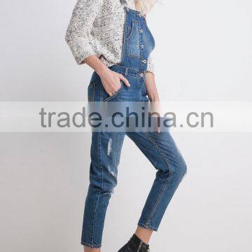 Women's Spring Slim Fit Distressed Denim Jeans Short Suspender Bib Overalls photo-2