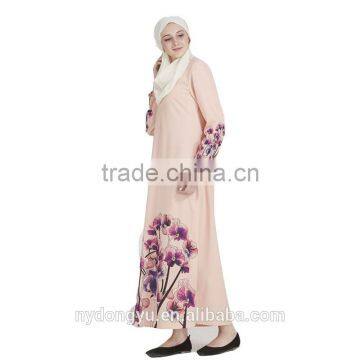 skin color elegance muslim dress/xger flwoer printed hemp abaya kaftan dresses/ pink islamic muslim women dress