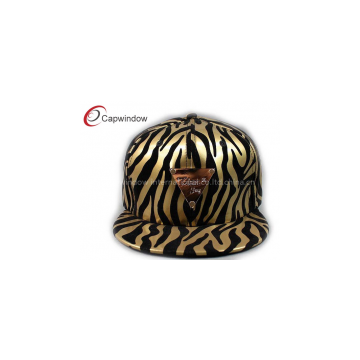 Gold Zebra Pattern Printing Flat Brim Baseball Hats With Gold Matel Logo