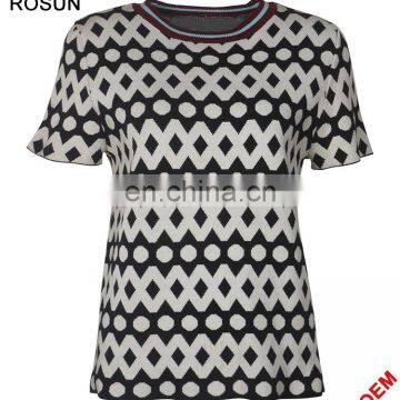 Acrylic Flat knitted sweater for women as stripe collar short sleeve polka dot T-shirt of latest design girls top