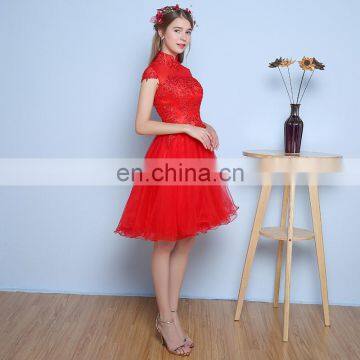 Elegant High Neck Sweet Red Capped A Line Knee-lemgth Tulle Backless Sequins Appliqued Evening Dress photo-3