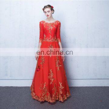 2017 New Style Scoop 1/2 Sleeve Orange A Line Elegant Appliqued Lace-up Floor Length Lace Evening Dress