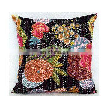 Black Handmade Kantha Cushion Pillow Cover Throw work Embroidery 16" Indian floral print kantha Decorative Traditional ethnic