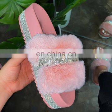 2020 New Thick Bottom Slippers Women's Faux Fur Diamond Slippers Flat Outdoor Platform Shoes Women's Sandals photo-2