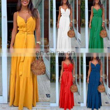 2020 Summer New Women's Personality Button V-neck Stitching Suspender Dress Factory Direct photo-6