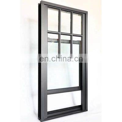 Decorative simple grill design modern home aluminum profile safety glass sash slide up and down  black double hung windows