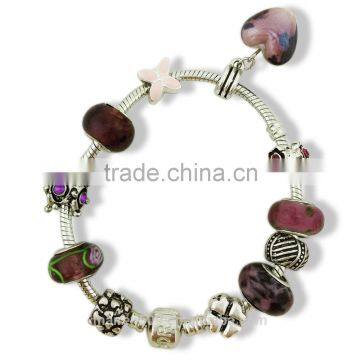 Charm bracelet, wholesale purple glass beads silver plated European bulk charm bracelet