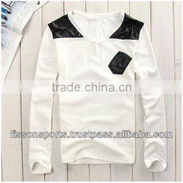 Mens Leather Sleeve T-shirts With Pocket photo-3