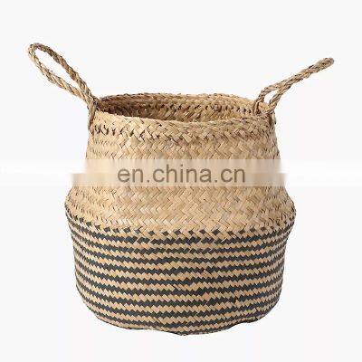 Vietnam Supplier Striped Black Seagrass Belly Basket Plant Holder Storage Basket Decor Home Wholesale