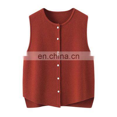 Custom Women's Solid Color Crew Neck Vest Single Breasted Knitted Woolen Casual Embroidered Button Cashmere Sleeveless Tops