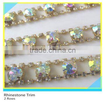 Fancy 888 Crystal Rhinestone Lace Trim 2 Rows Cup Chain mix Big Round AB Crystal