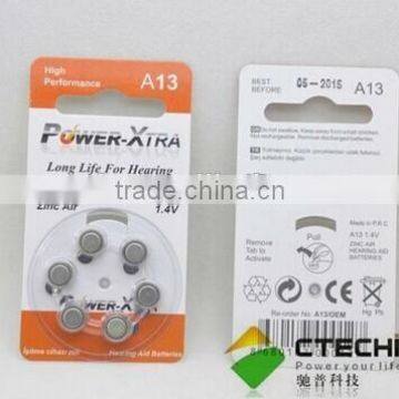 long life 1.4v A13 zinc air hearing aid battery