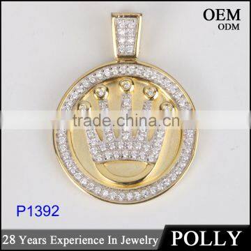 Custom Silver Copper Micro Pave Hip Hop Jewelry Coin Crown Shape Pendant Neacklace photo-2