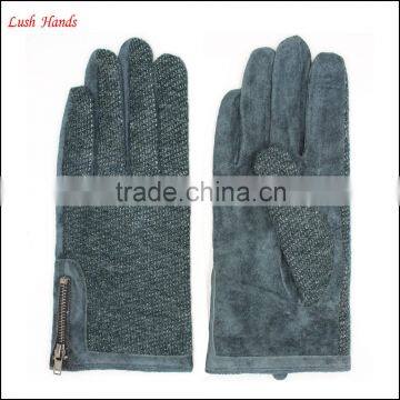 fashion ladies back dark green fabric and palm sheep suede gloves with side zipper