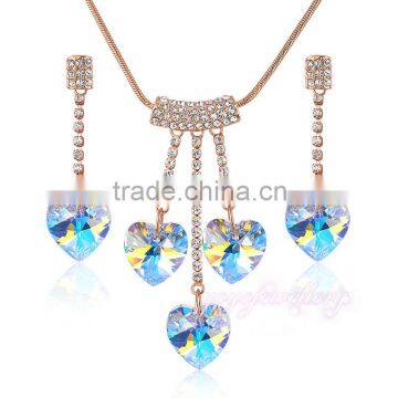 Shining heart shaped dangle earring and necklace crystal jewelry set