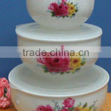 Hot sell porcelain fresh bowl with cover 3 pcs food storage bowl set-flower 1