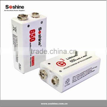 Soshine Hot selling New 9V Li-po 650mAh battery 9 volt li-on battery rechargeable battery 9v li-ion battery