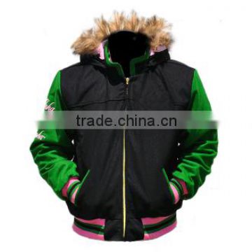 female's greek letter short jacket hood with fur trimmings