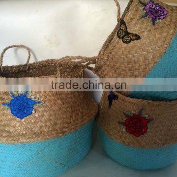 Seagrass handmade basket, Eco-friendly Hottest selling blue half dipped seagrass belly basket