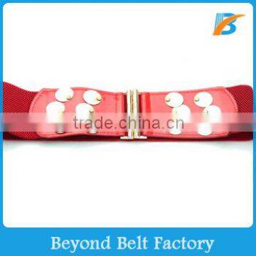 Beyond Women's Fashion Red Elastic Belt with Leather Tab in Stock