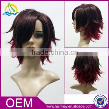 Mix color red black cheap full lace wig with caps synthetic natural hair cosplay wig