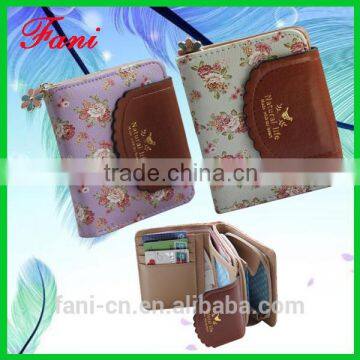 Fancy flower printed PU leather coin purse with fold design for girls