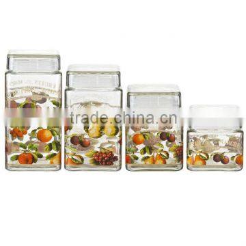 SINOGLASS 4 pcs SQUARE SHAPE WITH FRUITS DU MARCHE DECAL airtight glass Storage canister jar set