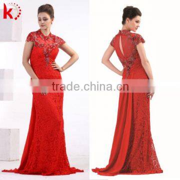 Short sleeve sexy back open beaded red lace mother of the bride dress elegant full figure evening dresses 1069