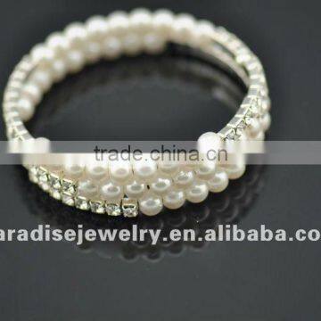 3 row pearl and rhinestone graduated wraparound coil bracelet-BRW060412