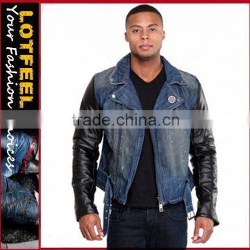 leather sleeves denim jacket for men jacket jacket factory vintage denim jacket(LOTJ321)