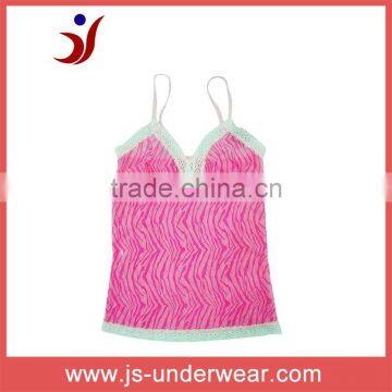 Sexy Ladies Pink Aminal Print with White Lace Trim Camisole Sleepwear Pajamas, style JS-147,Accept OEM