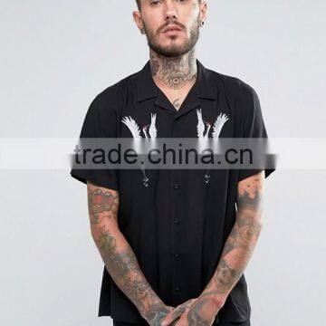 Guangzhou High Quality Custom Short Sleeve Revere Collar Mens Lightweight 100% Viscose Casual Embroidery Pattern Shirts