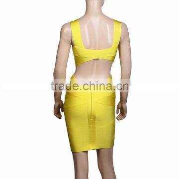 2015 Elastic Knitted Rayon HL Mini Sexy Hollow Out Bodycon Womne V Neck Bandage Dress Red Yellow photo-6