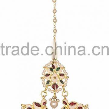 NAVRATAN Kundan Jadau Earring Tikka Gold Plated Chand Bali Set photo-3