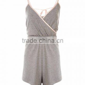 Fashion Elasticated Waist Pyjama Playsuit Custom Cotton Plain Grey Brushed Wrap Front Pajamas Set V Neck Dress photo-3