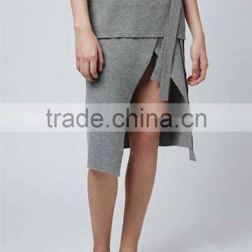 High Quality D-Ring Wrap Skirt Winter Grey Long Skirts Women Slit Office Wear Skirts photo-4
