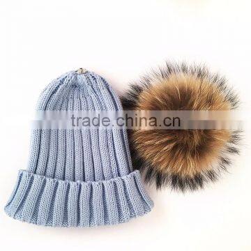 Myfur Adults Wholesale Winter Knitting Hat With Real Raccoon Fur Pom Pom