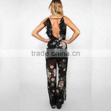 Plunge Open Leg Ladies Jumpsuit Floral Print New Design Clothing photo-5