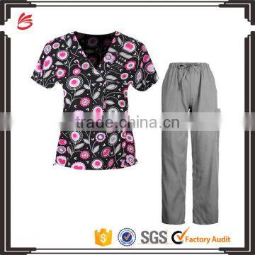 New sexy selling printed medical scrub for women mock wrap sets