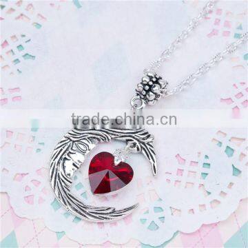 New Fashion Necklace Textured Link Cable Chain Antique Silver Glass Wine Red Heart Moon Pendant Face Carved 67.0cm Long photo-2