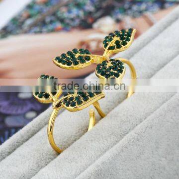 New adjustable Zinc Alloy Double Finger Ring Leaf gold color rings with rhinestone