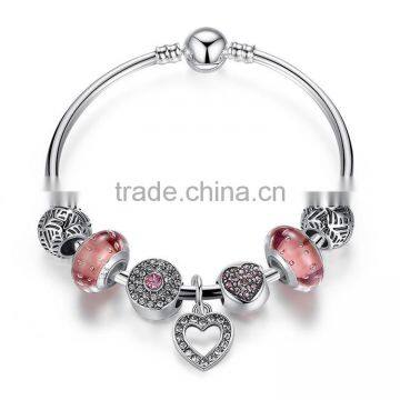 DIY Sterling Silver Love Heart Charms Bangle with Silver Clasp,18cm 19cm 20cm