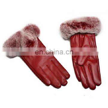 Wholesale top grade women fashion leather gloves with real rex rabbit fur